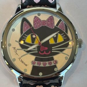 Betsy Johnson XOX Cat Themed Watch With Heart Polka Dot Band